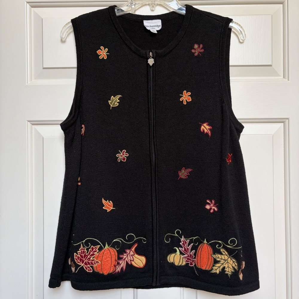 Breckenridge Woman‎ Black Fall Pumpkin Leaf Embroidered Zip Knit Vest 2X Autumn